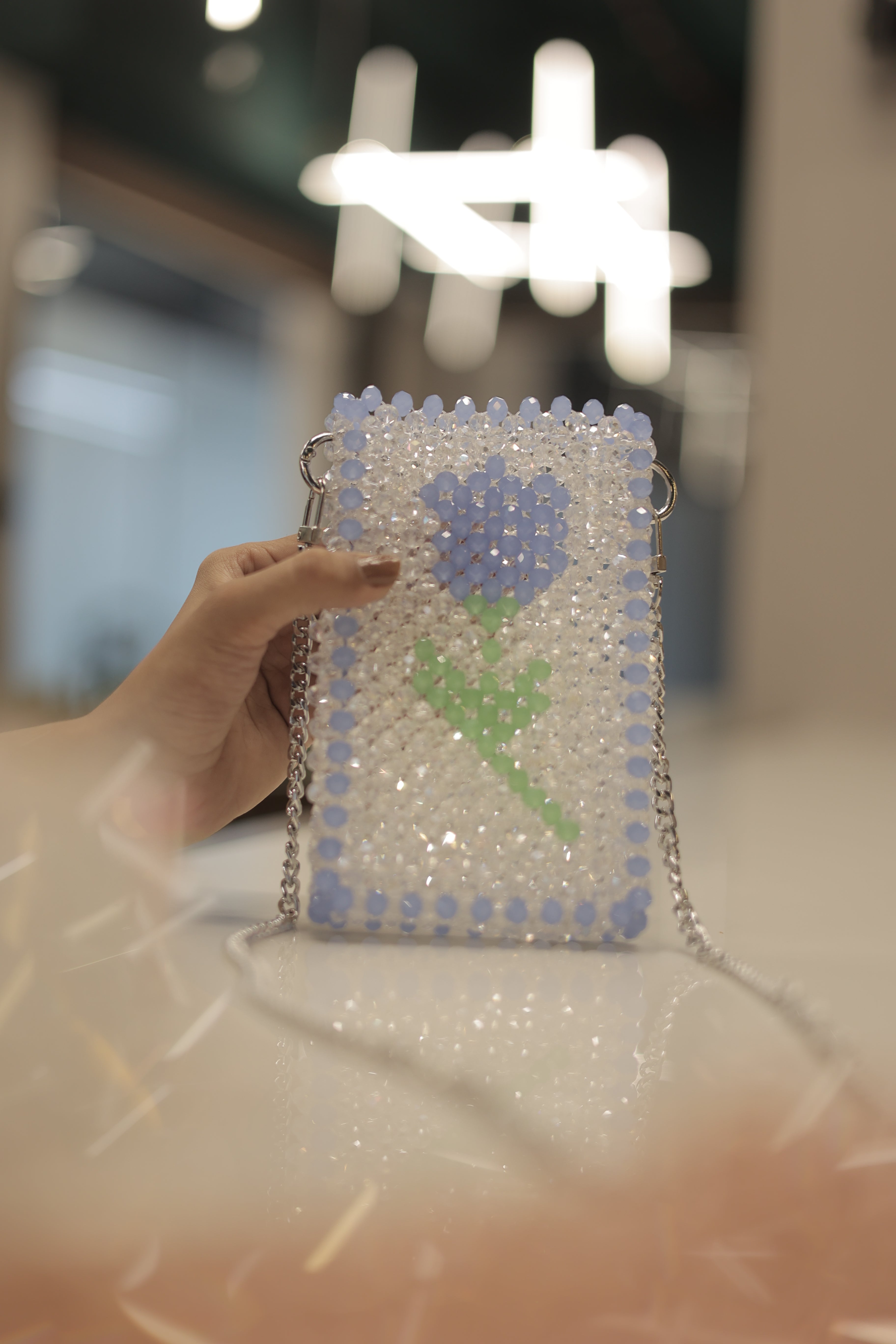 Blue Flower Crystal Beaded Phone Sling Bag