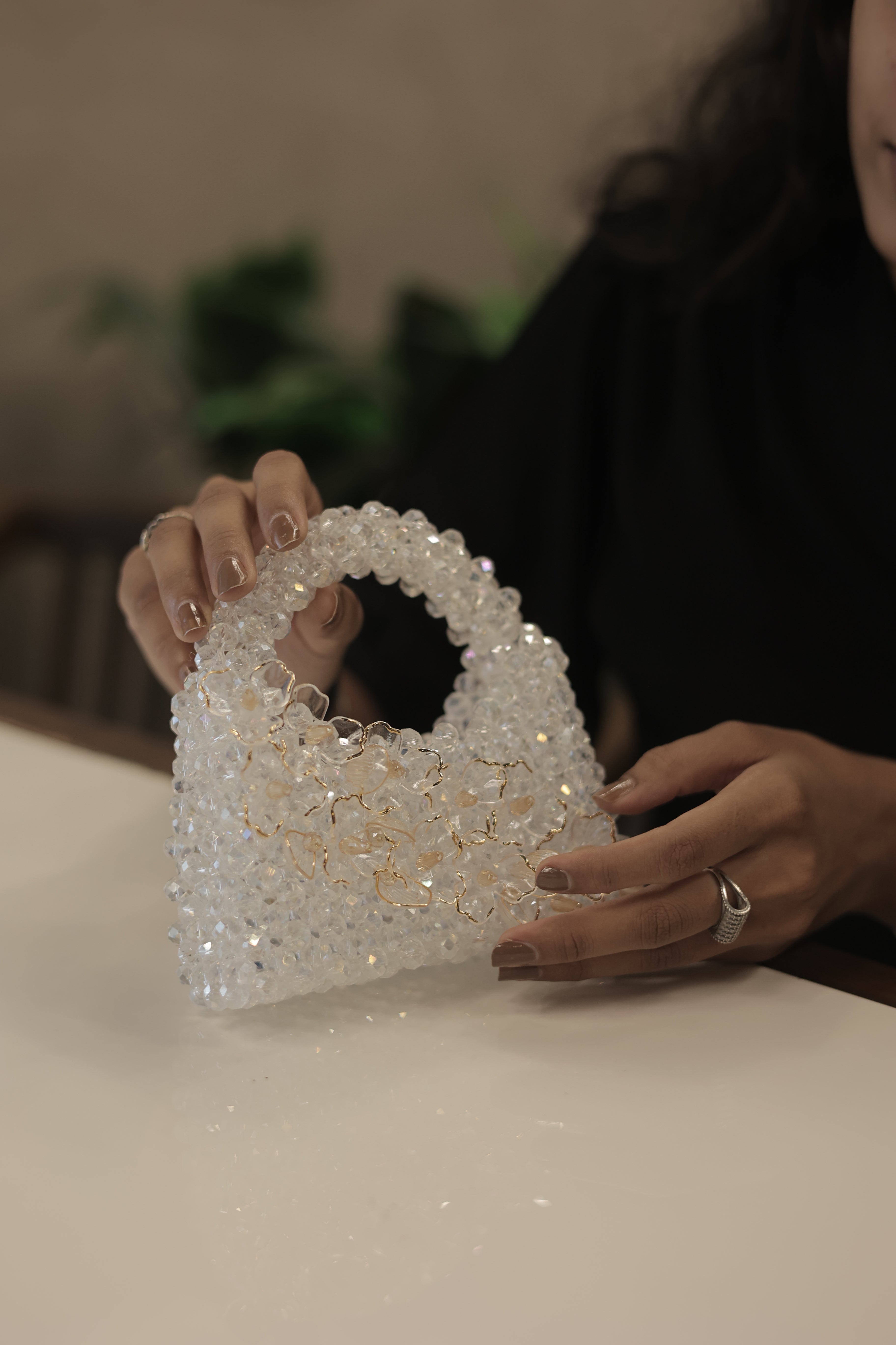 Elegant White Pearl Beaded Floral Designer Mini Purse