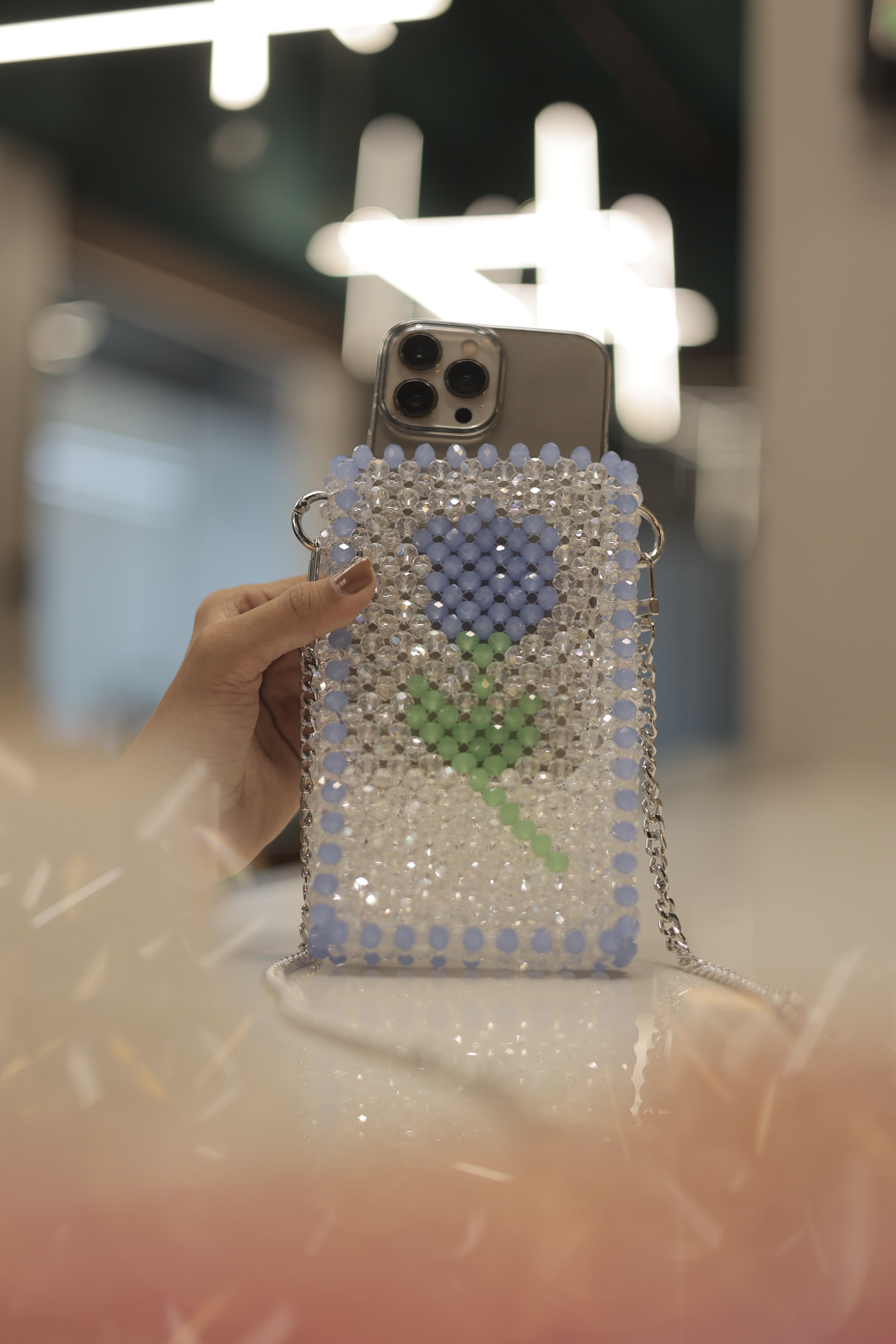 Blue Flower Crystal Beaded Phone Sling Bag