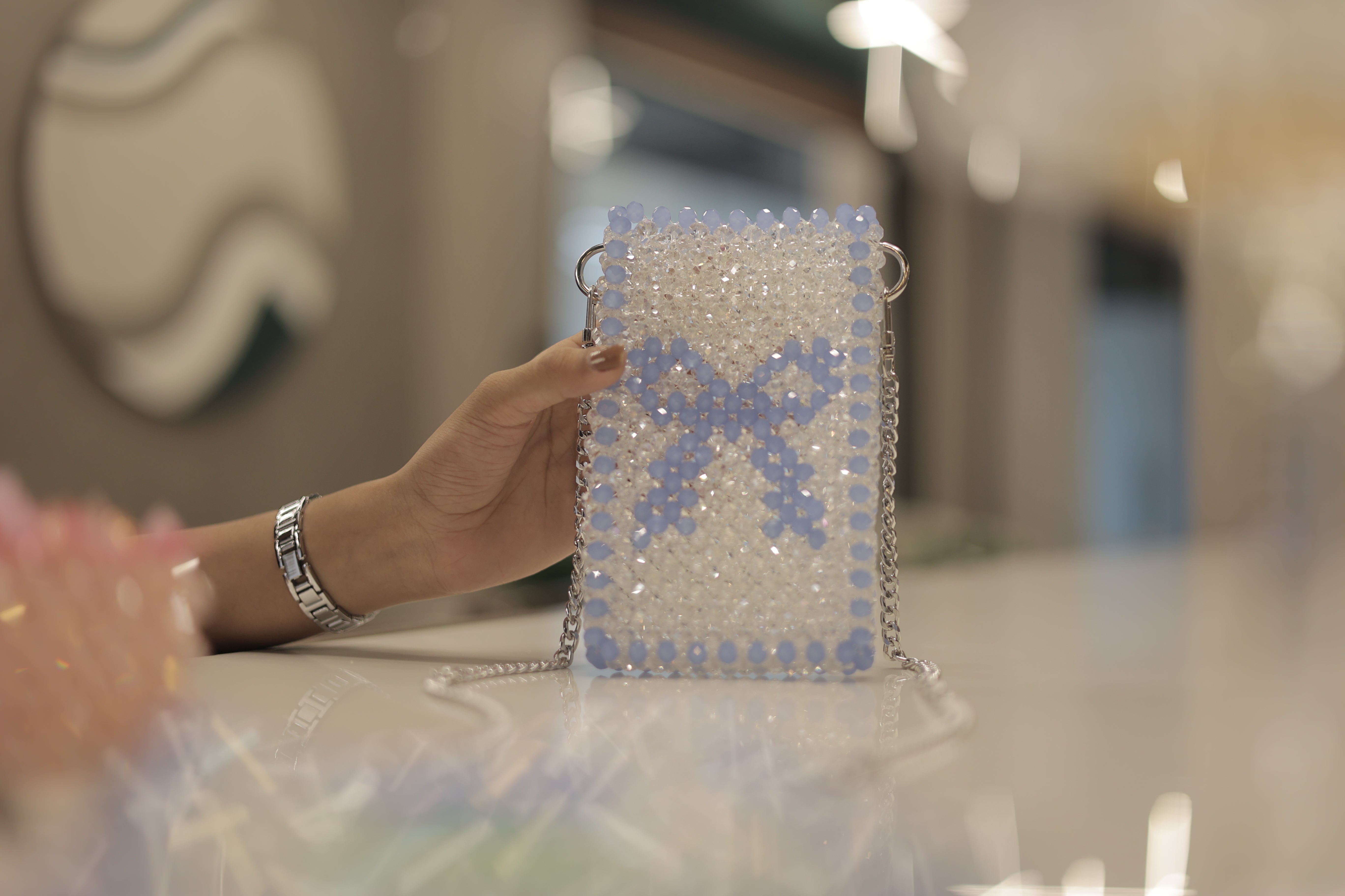 Crystal Bow Pearl Beaded Mobile Sling Bag for Women