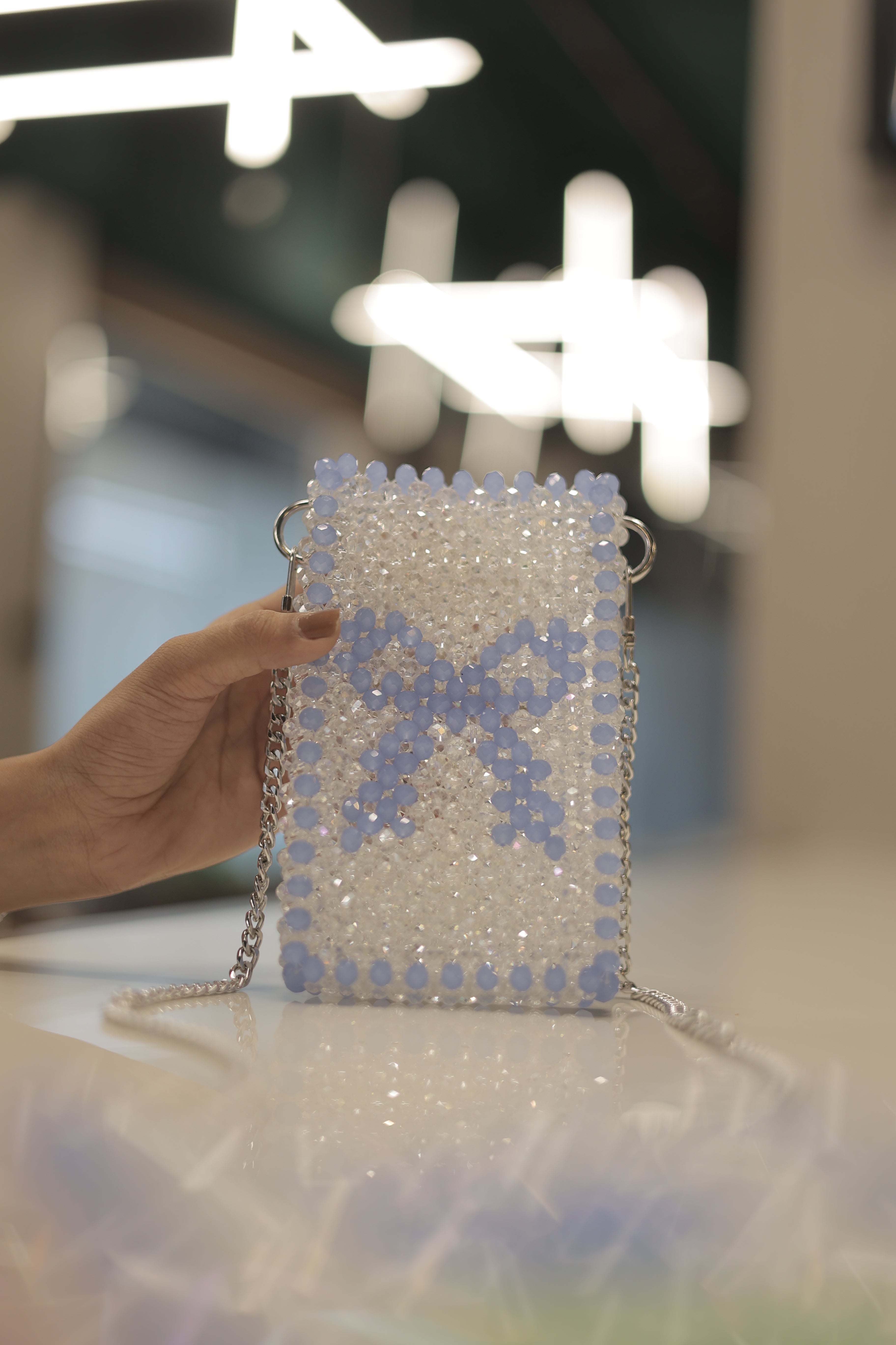 Crystal Bow Pearl Beaded Mobile Sling Bag for Women