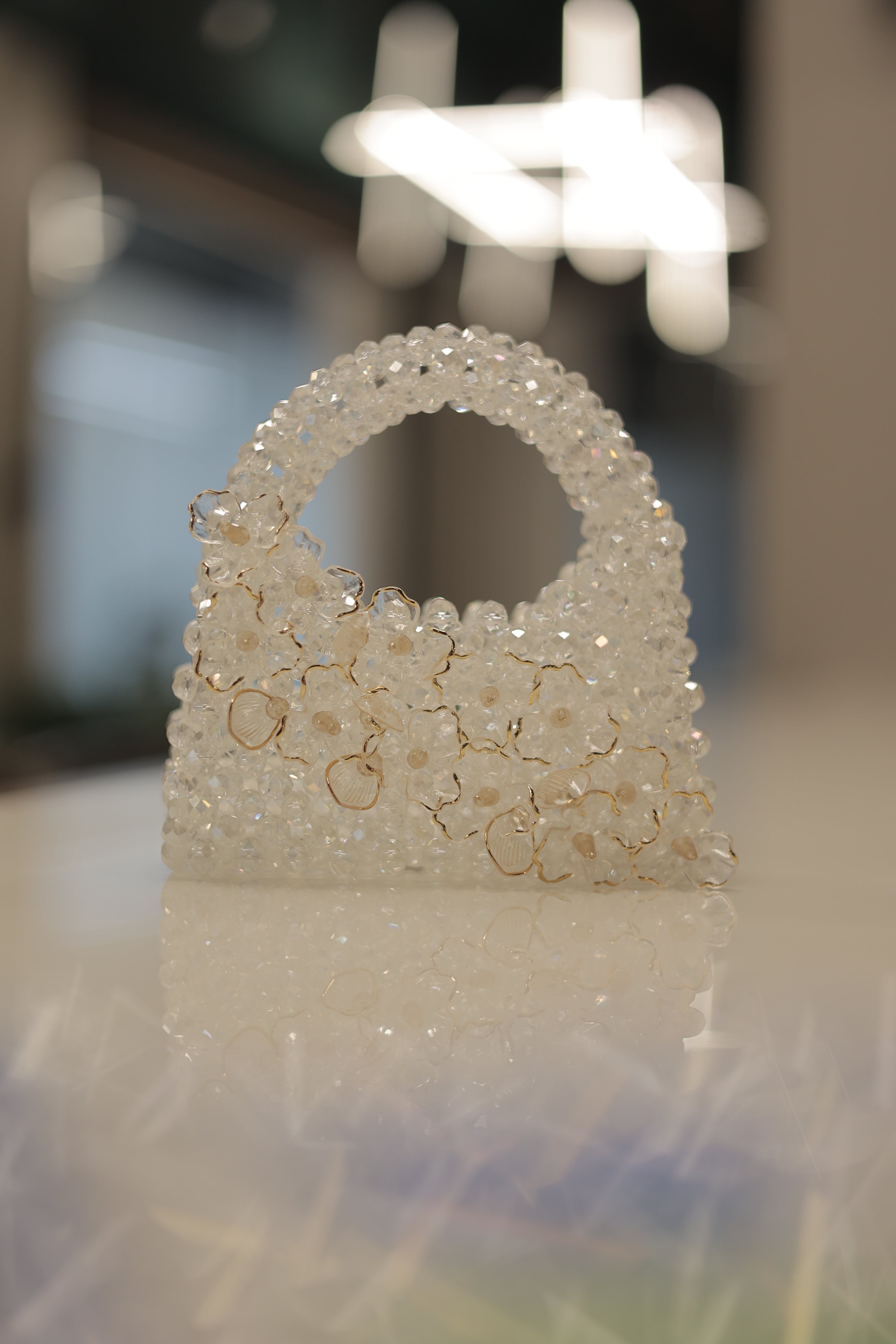 Elegant White Pearl Beaded Floral Designer Mini Purse